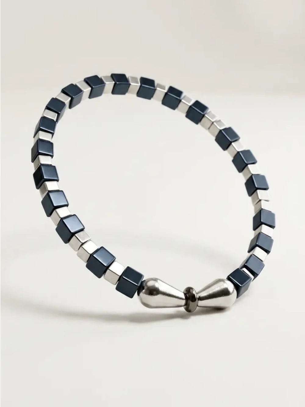 Geometric Hematite & Silver Cube Stretch Bracelet